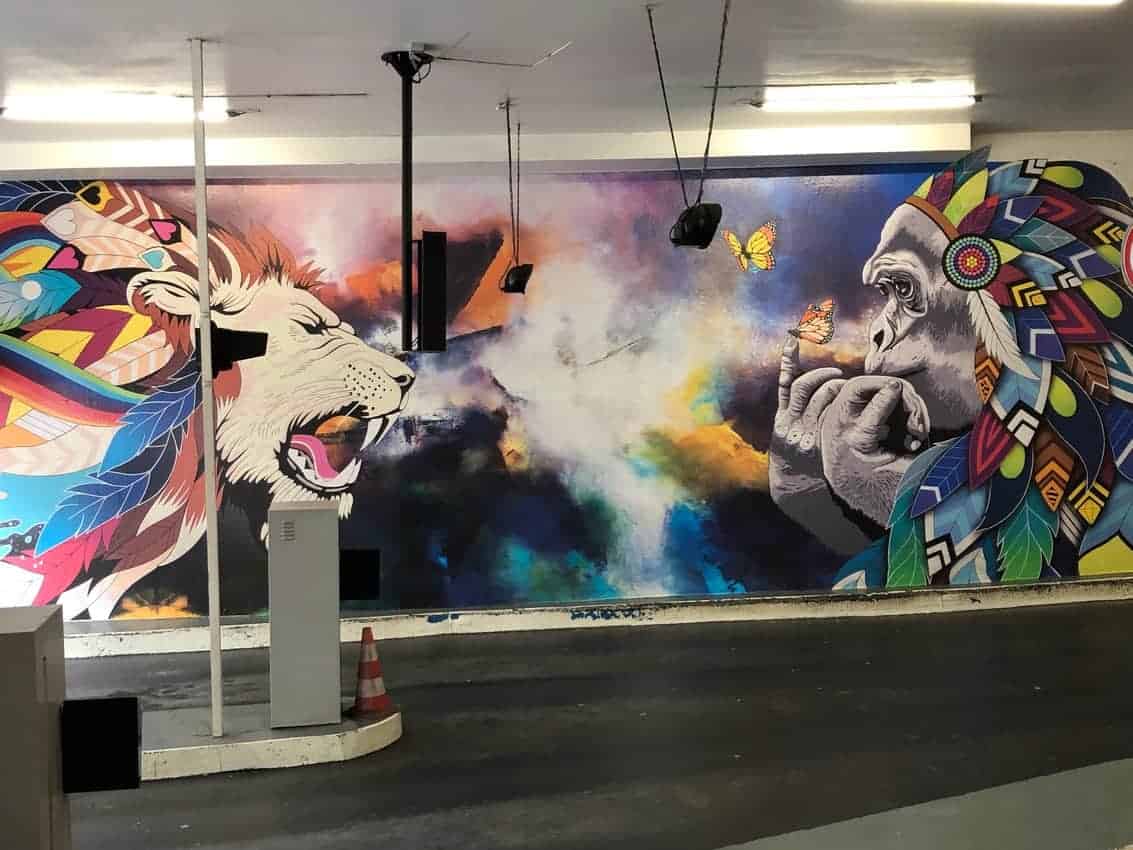 Street art in a parking garage in Reims, Champagne, France.
