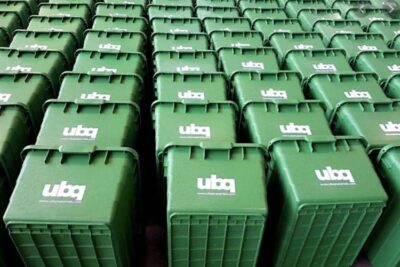 These recycling containers were made from all kinds of trash, in Israel by UBQ Materials.