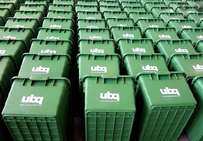 These recycling containers were made from all kinds of trash, in Israel by UBQ Materials.