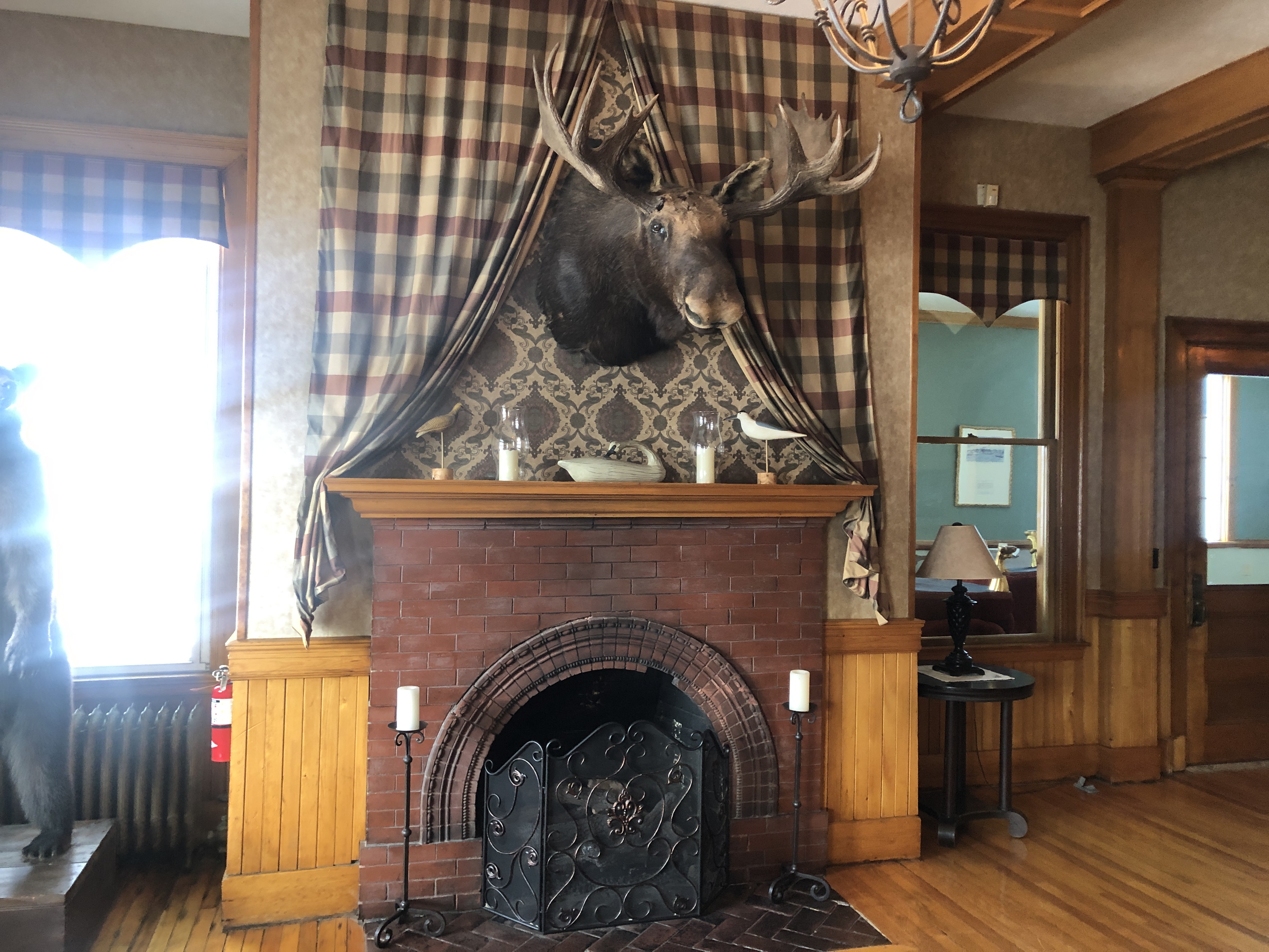 The bull moose above the fireplace at the Rangeley Inn in Maine.