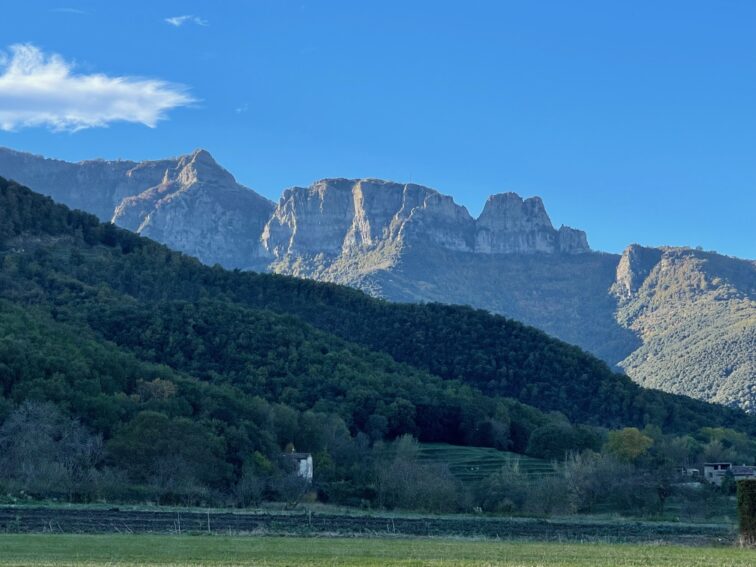 Striking mountain peaks near the Mas Rubio farm B&B in Joanette, La Garrotxa, Spain.