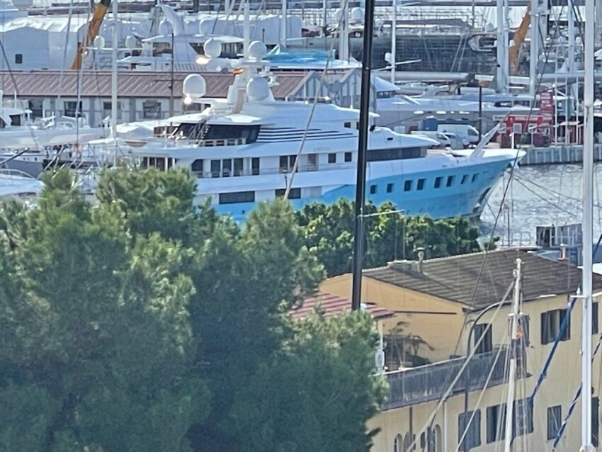 Big blue superyacht in the Palma Marina.