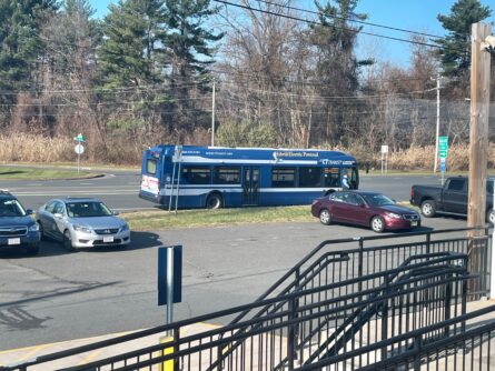 At the Windsor Locks train station, new this year, you can catch this bus that goes right to the airport from the train.