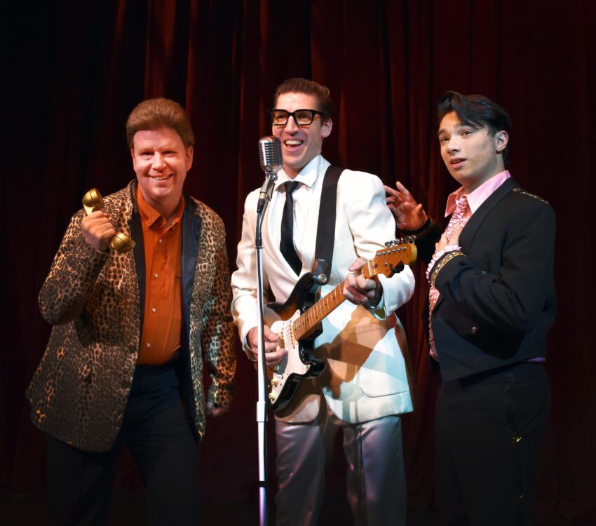 In this scene from “Buddy: The Buddy Holly Story,” rock pioneers (from left) The Big Bopper (played by Shaun O’Keefe of Enfield, CT), Buddy Holly (played by Dan Whelton of Manchester, CT) and Ritchie Valens (played by Caleb Koval of Amherst) take the stage. 