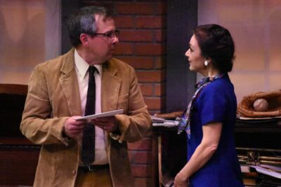 “’Moonglow,” by New England-based playwright Jack Neary, is being presented at the Majestic Theater in West Springfield October 26 – December 3. Neary will also direct the play, whose cast includes actors Nora Streeter (left) and Brian Argotsinger, shown in a scene from the romantic comedy. Tickets are $31-$35 and can be ordered by calling (413) 747-7797. (Photo by Kait Rankins)