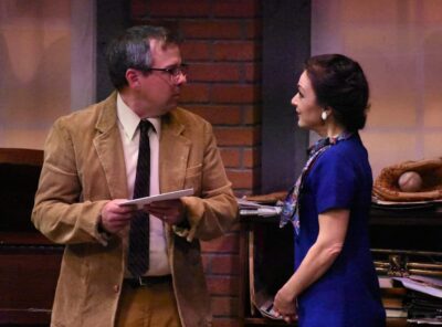 “’Moonglow,” by New England-based playwright Jack Neary, is being presented at the Majestic Theater in West Springfield October 26 – December 3. Neary will also direct the play, whose cast includes actors Nora Streeter (left) and Brian Argotsinger, shown in a scene from the romantic comedy. Tickets are $31-$35 and can be ordered by calling (413) 747-7797. (Photo by Kait Rankins)