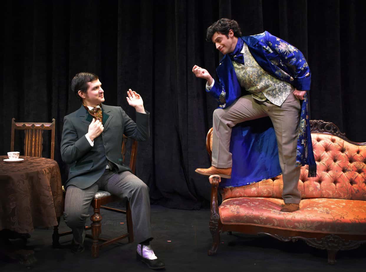 Actors (from left) Rylan Morsbach and Peter Evangelista are shown in a scene from “The Importance of Being Earnest,” which runs from January 4 through February 11 at West Springfield’s Majestic Theater. Tickets for the classic comedy by Oscar Wilde range from $31-$35 and can be purchased by visiting or calling the box office at (413) 747-7797. (Photo by Kait Rankins)