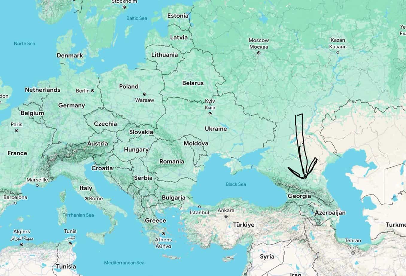 Republic of Georgia borders Russia, and Azerbajhan, far to the east.