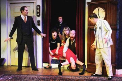 The Play That Goes Wrong features actors (from left), Jack Grigoli, Mariko Iwasa, Weston Pytel, Liv Cunha, Shaun O'Keefe, Elizabeth Pietrangelo and Scott Renzoni. (Photo by Kait Rankins)
