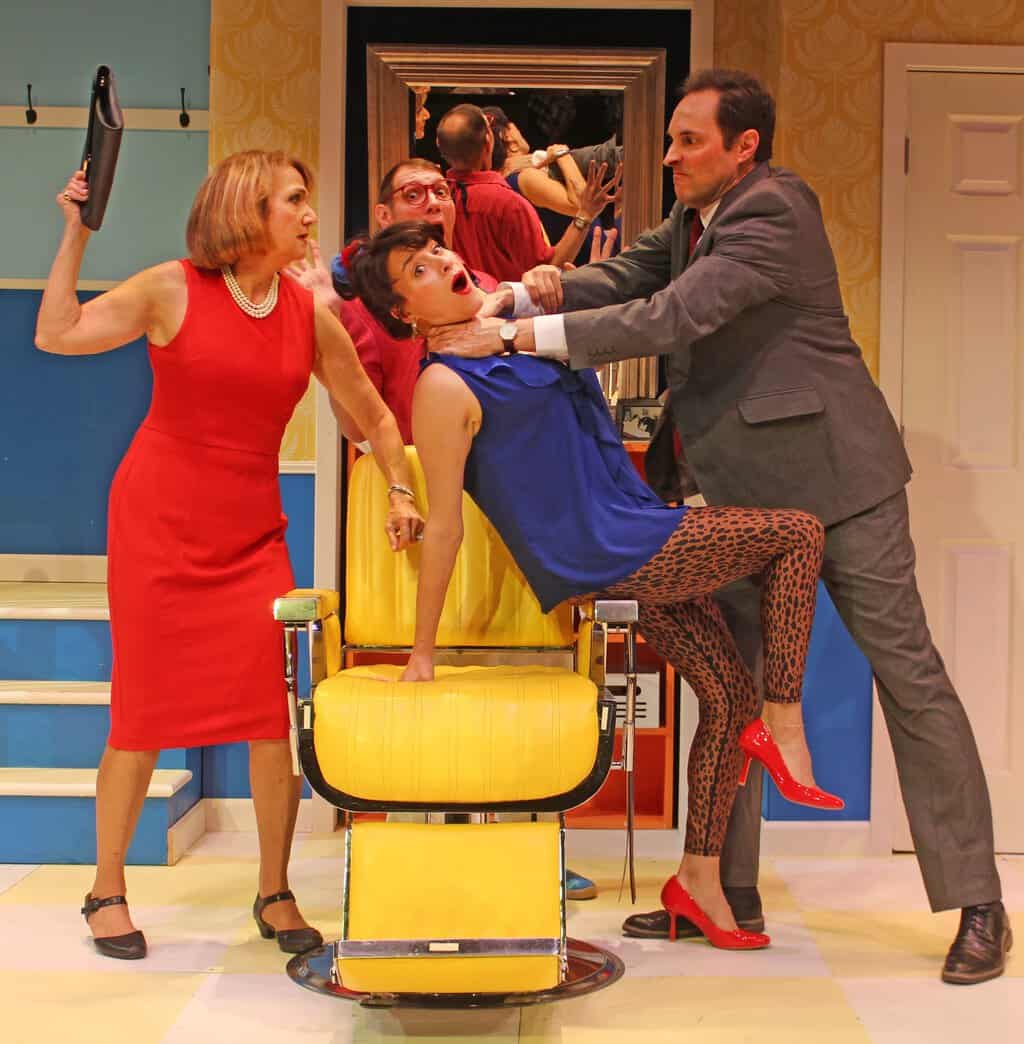 West Springfield’s Majestic Theater kicks off its 27th season with the iconic comedy “Shear Madness.” Shown in a moment from the play, which runs September 5 through October 20, are actors (from left) Benita Zahn, Elizabeth Pietrangelo, Steven Sands and Jack Grigoli. Tickets are $35-$38 and can be purchased at the box office or over the phone at (413) 747-7797. (Photo by Kait Rankins)