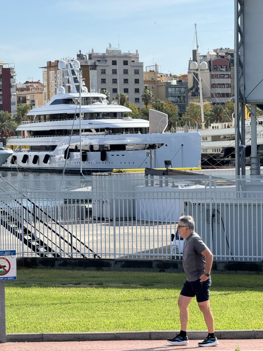 Superyachts abound in Barcelona harbor.