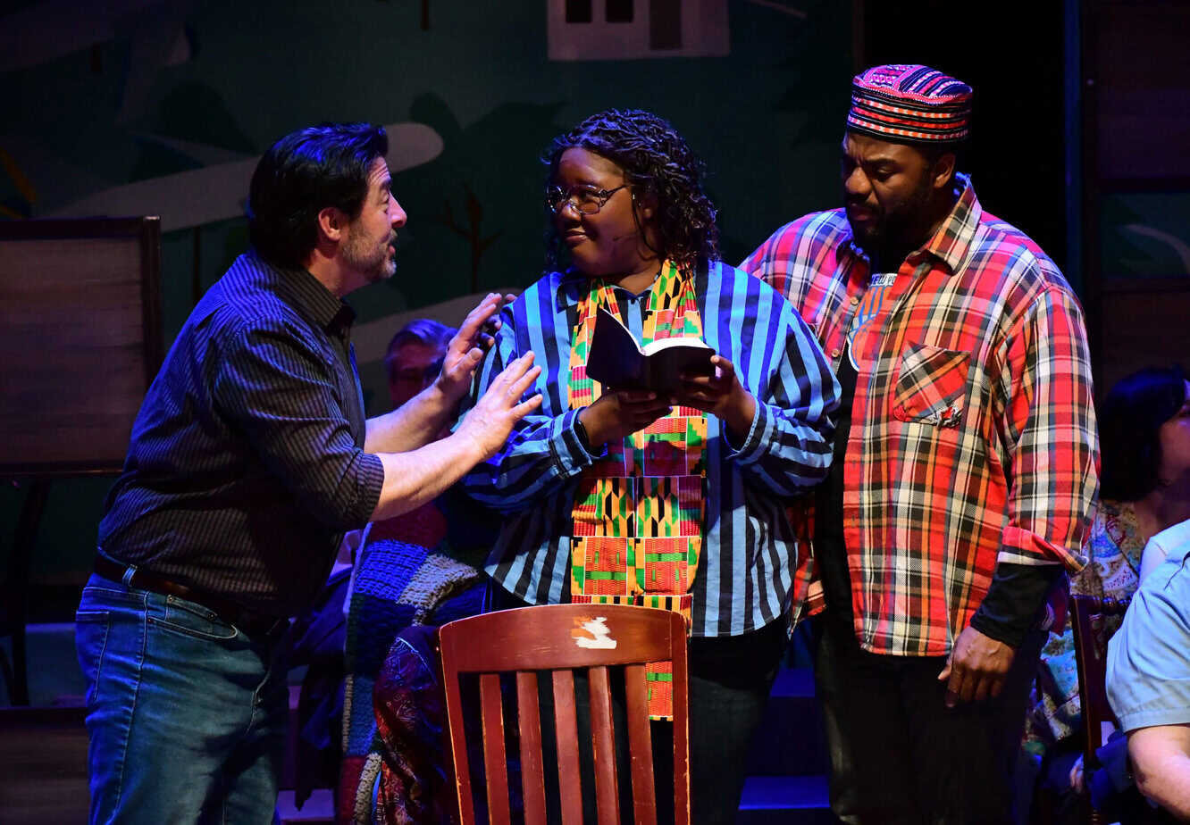 Actors (from left) Ben Ashley, Destini Stewart and Martinez Napoleon share a moment in the musical Come From Away, at West Springfield’s Majestic Theater April 16 through May 31. The play is based on a true story of 7,000 passengers stranded in the small town of Gander, Newfoundland, after the events of September 11, 2001, and the townspeople who welcomed the strangers into their homes and hearts. Tickets are $35-$38 and can be purchased online at majestictheater.com or by calling (413) 747-7797. (Photo by Kait Rankins)